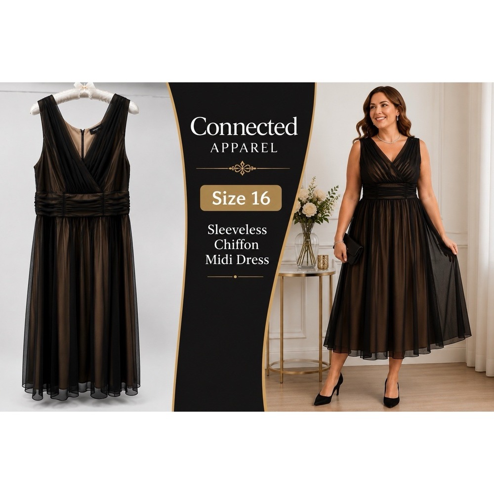 Connected Apparal Black Chiffon Midi Dress Womens 16 Empire Waist Cocktail